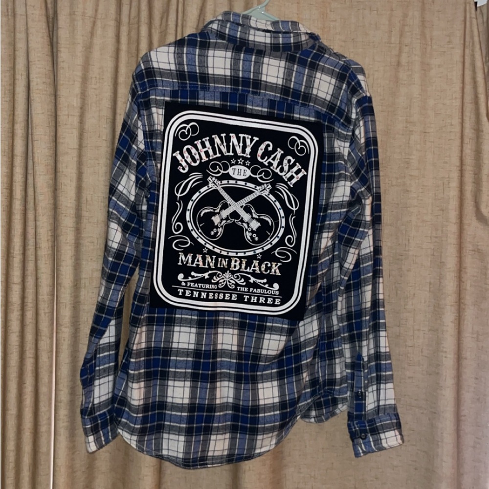 Blue Plaid oversized Rhinestone Johnny Cash long sleeve button down. Men’s small